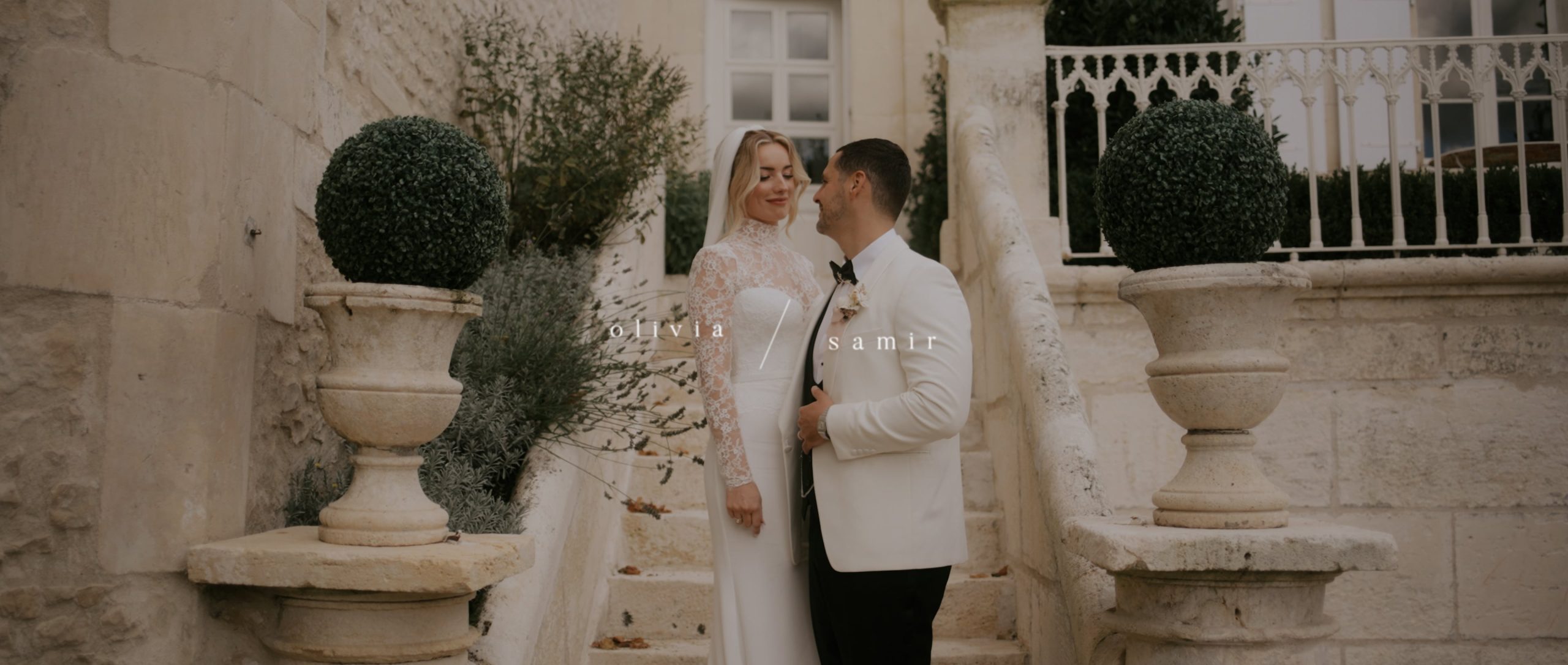 Couple during portraits at No.3 Chateau, warm, cinematic wedding film still
